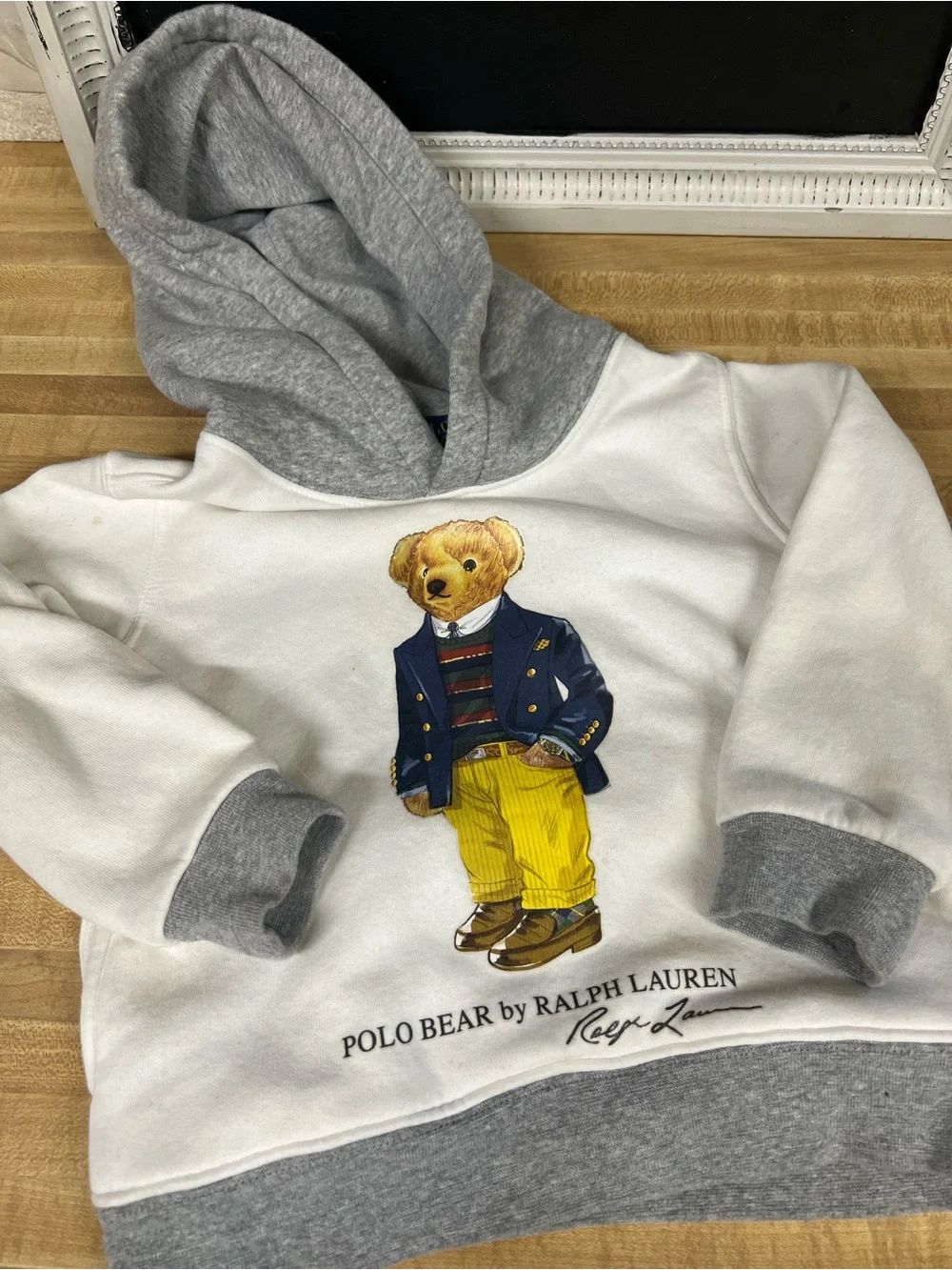 Ralph Lauren Kids Polo Bear Hoodie in White and Gray with Multicolor Bear